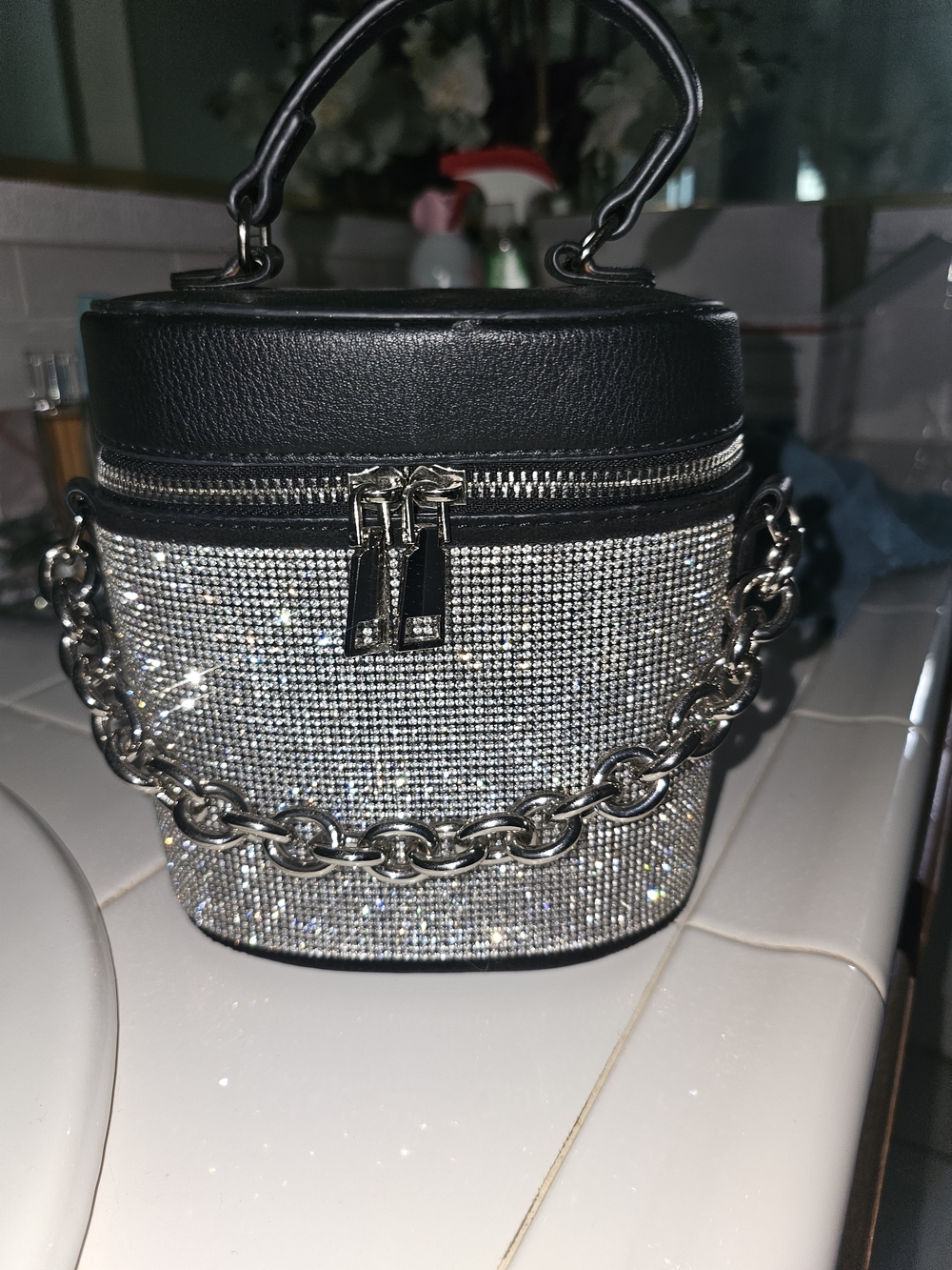 Steve Madden Black and Silver Rhinestone Chain Crossbody Bag